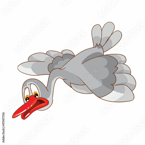 upset character of gray goose flying and looking down, cartoon illustration, isolated object on white background, vector,