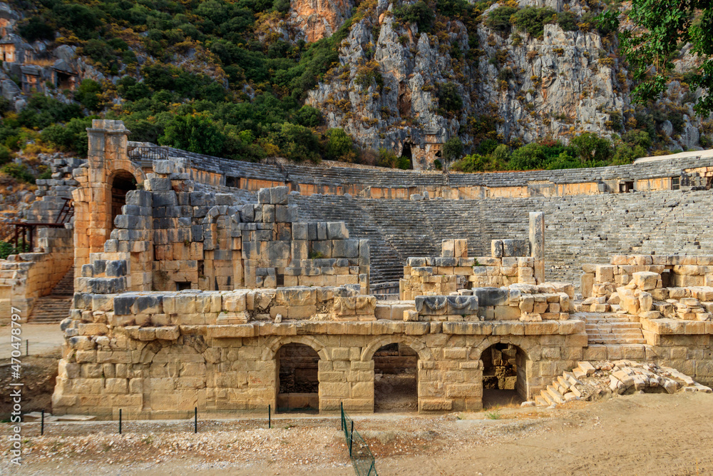 Ruins of ancient Greek-Roman theatre of Myra in Demre, Antalya province in Turkey