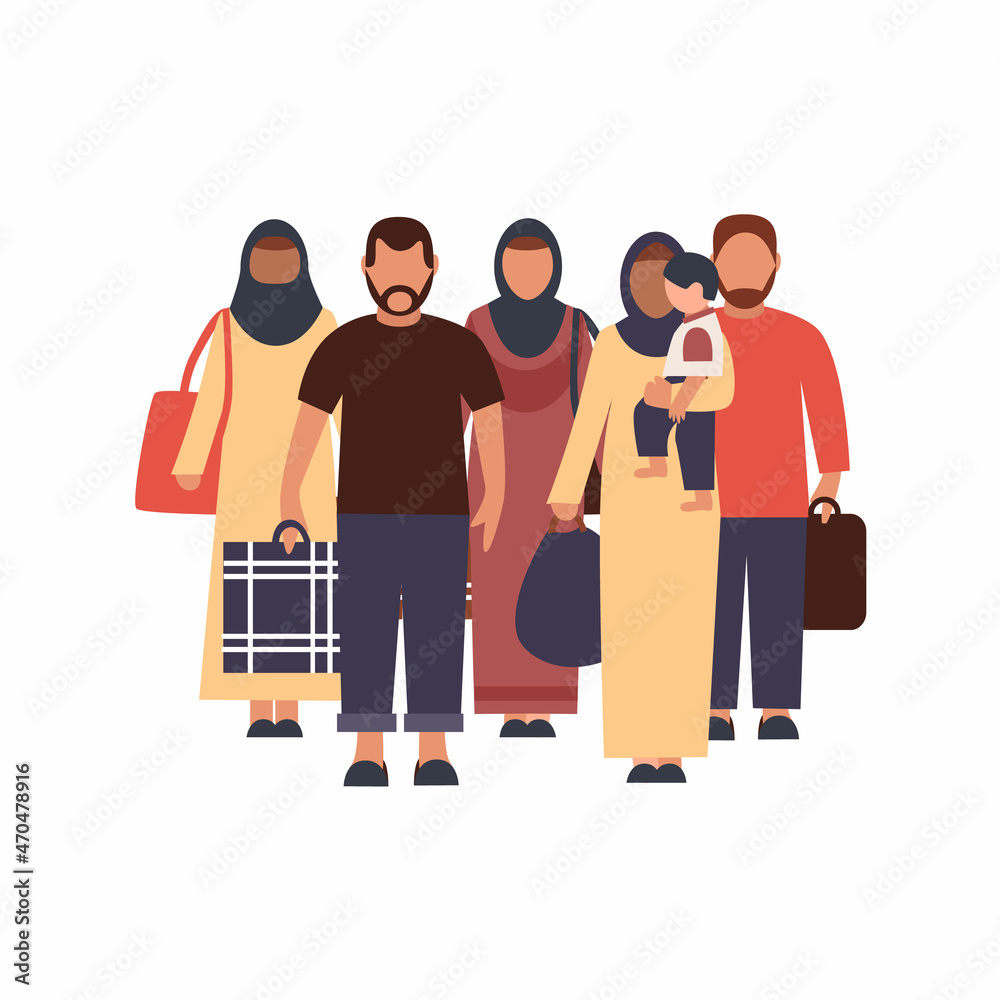 Obraz premium Group of refugees, migration crisis in Belarus and Poland. War migration waves going to Europe. World Refugee day concept. International Migrants Day concept. Refugee Family with Children.