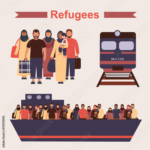Group of refugees, migration crisis. Emigrants on the ship and on the train. War migration waves going to Europe. World Refugee day concept. International Migrants Day concept. 