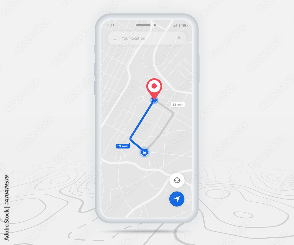 Vecteur Stock Map GPS navigation ux ui concept, Smartphone map application  destination point on screen, App search map navigate, Technology map, City  navigation maps, delivery rider, street, track, location vector | Adobe