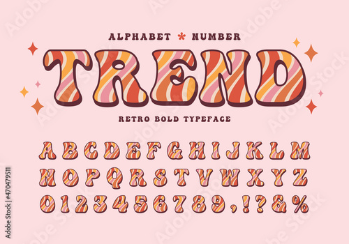 Groovy retro alphabet & number. Wave swirl pattern font. Seventies nostalgic typographic. Vintage 60s, 70s bold typeface for poster, graphic print, design layout, merchandise, etc.