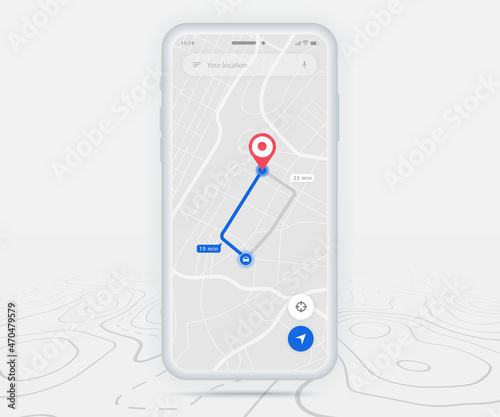 Map GPS navigation ux ui concept, Smartphone map application  destination point on screen, App search map navigate, Technology map, City navigation maps, delivery rider, street, track, location vector