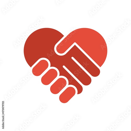 Handshake symbol forming a love heart colored icon. Charity, help concept. Trendy flat isolated outline symbol, sign used for: illustration, logo, mobile, app, design, web, dev, ux, gui. Vector EPS 10