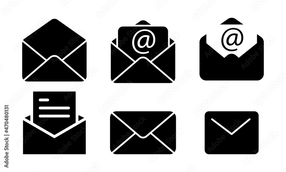 Message or letter thin set line icons solid black. Send mail concept. Alat style isolated symbol, for: illustration, minimalistic, logo, outline, app, emblem, design, web, ui, ux, gui. Vector EPS 10 Message or letter thin set line icons solid black. Send mail concept. Alat style isolated symbol, for: illustration, minimalistic, logo, outline, app, emblem, design, web, ui, ux, gui. Vector EPS 10