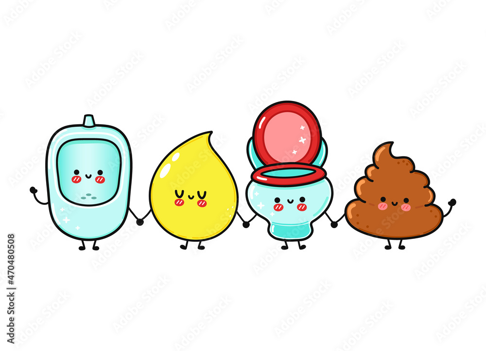 Cute, funny happy urinal and drop of urine character. Vector hand drawn