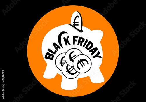 Black Friday y el ahorro.. Texto del Black Friday en blanco sobre silueta blanca de una hucha cerdito con una moneda de euro que se va a introducir en la hucha como símbolo del ahorro en este día 