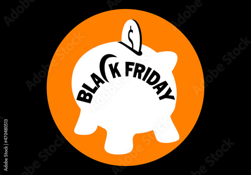 Black Friday y el ahorro.. Texto del Black Friday en blanco sobre silueta blanca de una hucha cerdito con una moneda de dólar que se va a introducir en la hucha como símbolo del ahorro en este día 