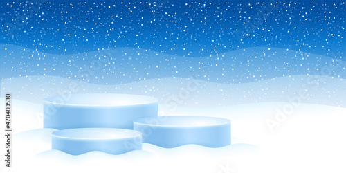 Christmas and New Year festive advertising background with three round blue podiums for product display on the winter snowy backdrop. Vector illustration.