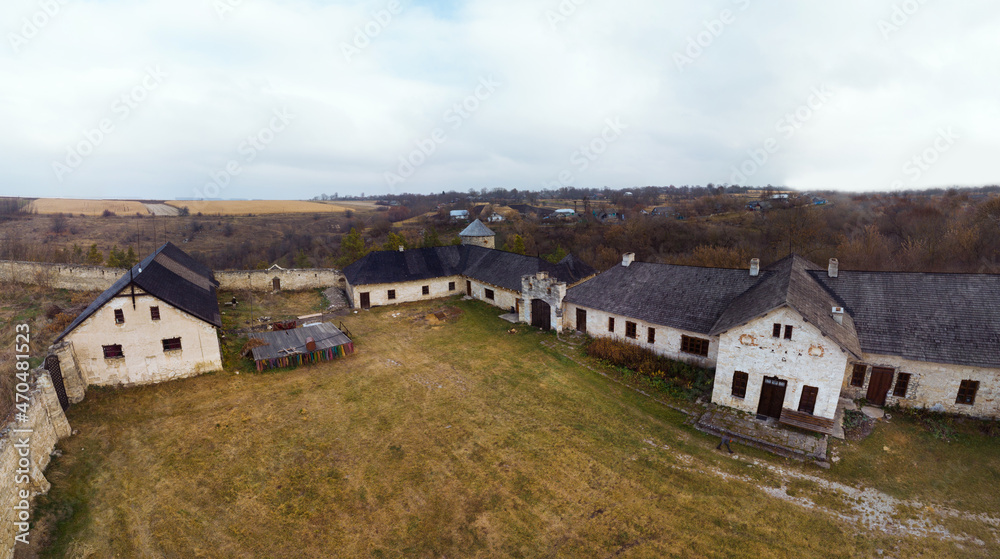Aerial view of the estate of the Polish count Ignacy Scibor Marchocki Castle, Otrokiv, travel and vacations. Otrokov village. Khmelnytsky region, Ukraine. copy space