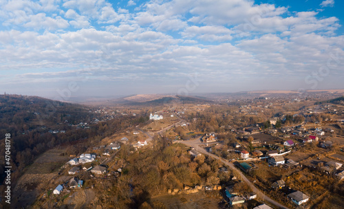 Canvas Print Aerial autumn sunrise view of Busha state Historical and Cultural Reserve, located on Podillya, Vinnytsa region, Ukraine