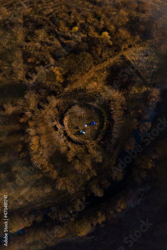 Photography Aerial autumn sunrise view Temple of the Old Believers, a circle of earth