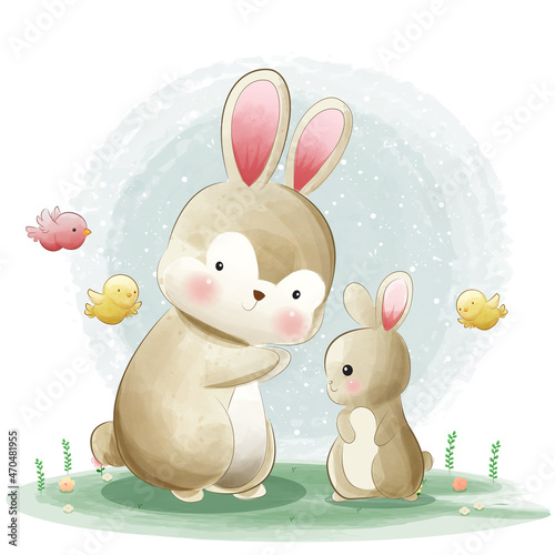 Cute Baby Rabbits Playing with birds