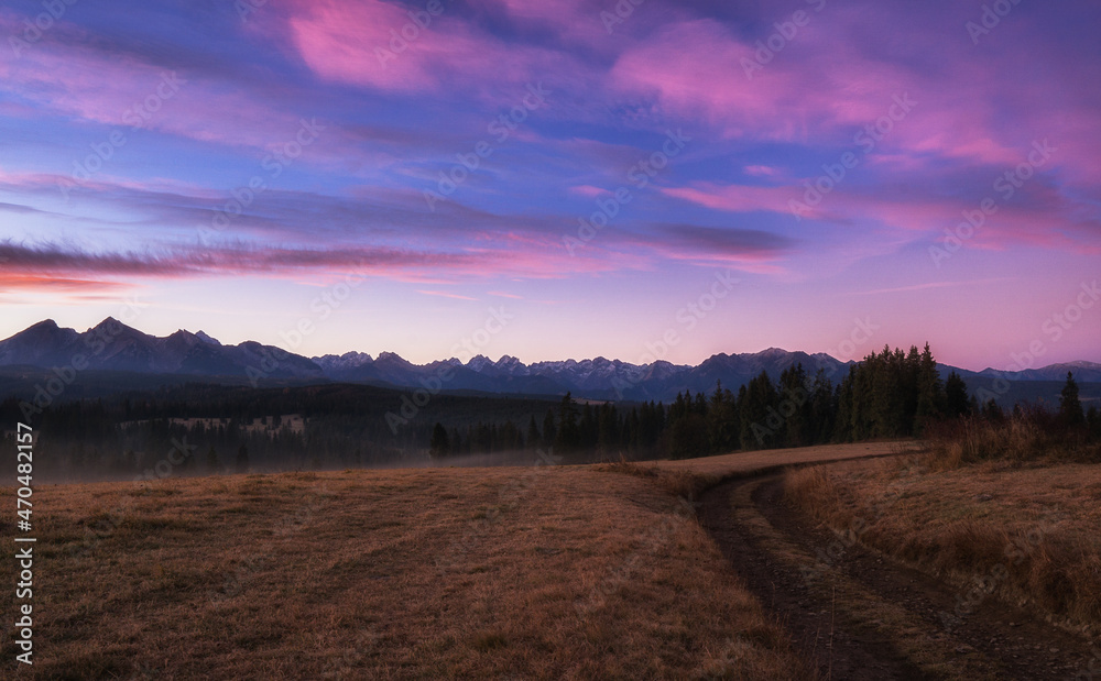 The colors of the sky at sunrise against the backdrop of the Tatra Mountains