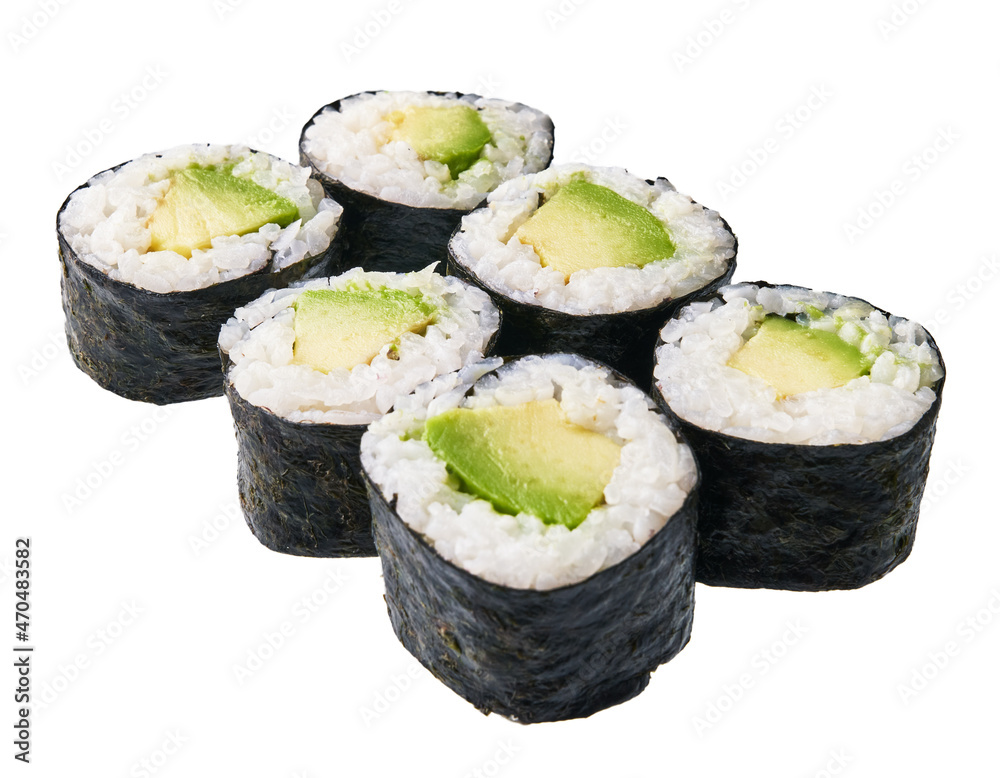 Group of avocado sushi maki isolated on white background Group of avocado sushi maki isolated on white background