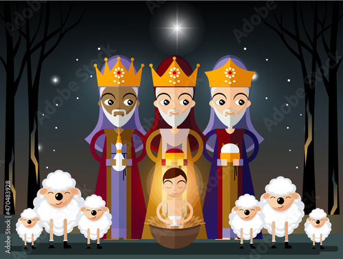 Christmas card in retro style with three kings bringing gifts to Jesus. Vector illustration in cartoon style.