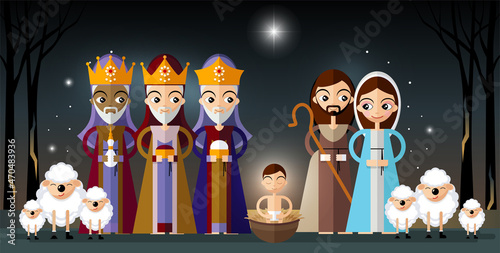 Photo Christmas card in retro style with three kings bringing gifts to Jesus