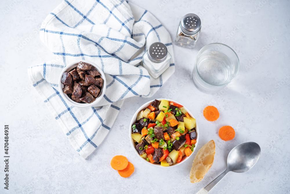 Beef potato carrot eggplant pepper stew in the bowl Beef potato carrot eggplant pepper stew in the bowl