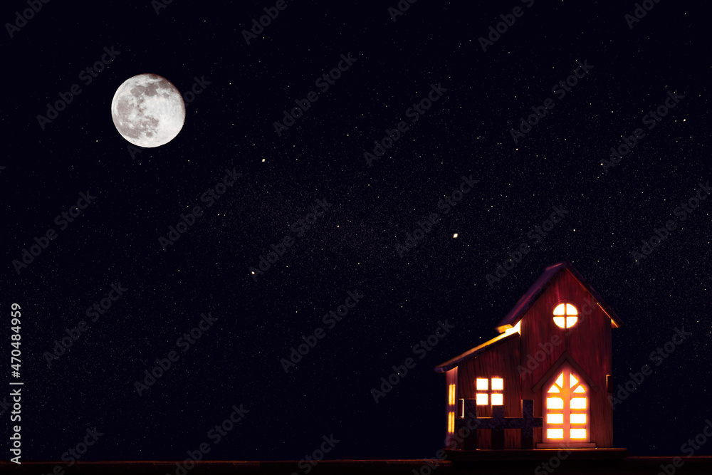 Winter one rural wooden house at christmas stars night with huge moon. Copy space. Winter one rural wooden house at christmas stars night with huge moon. Copy space.