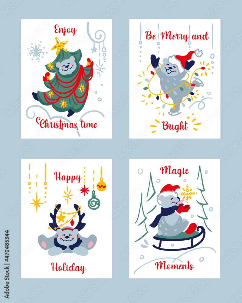 Fototapeta premium Funny bear on santa hat. Collection christmas illustration. Christmas card. Vector.