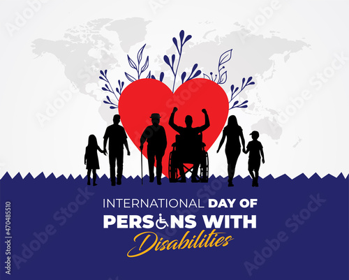 International Day of Persons with Disabilities. Men in wheel chair and man with prosthesis. Template for background, banner, card, poster.