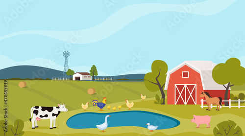 Fototapeta Naklejka Na Ścianę i Meble -  Rural farm landscape with green fields and pond. Village buildings, farm animals. Cow, horse, pig, chicken, duck. Vector illustration.