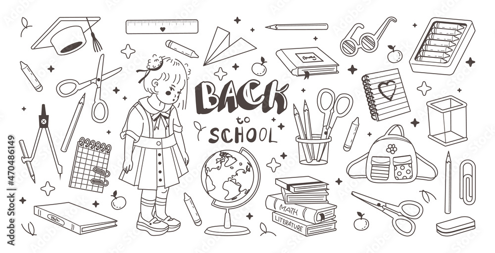 Doodle collection of school supplies. Hand drawn illustration. Back to school concept. Vector on white background Doodle collection of school supplies. Hand drawn illustration. Back to school concept. Vector on white background