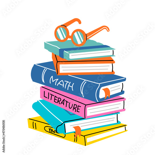 Stack of books. Pile of school textbooks. Hand drawn illustrations in cartoon style. Decorative graphic element. Education concept. Vector on white background