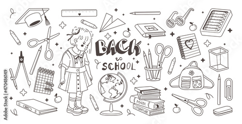 Doodle collection of school supplies. Hand drawn illustration. Back to school concept. Vector on white background