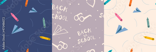 Seamless pattern collection. Back to school concept. Hand draw doodle illustration with pencils, paper airplane, glasses, markers. Vector