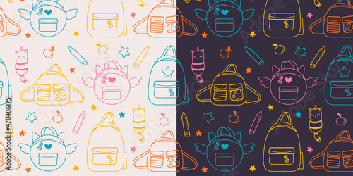 Back to school seamless pattern. Hand draw doodle illustration with backpacks. Vector