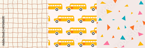 Seamless pattern collection. Back to school concept. Hand draw doodle illustration with bus, geometric figure, checkered. Vector