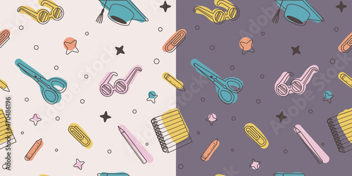 Back to school seamless pattern. Hand draw doodle illustration with school supplies. Scissors, square academic cap, glasses, pencil. Vector