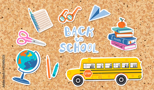 Collection of stickers back to school. Education concept. Colored hand draw graphic elements with school supplies. Vector on cork board background
