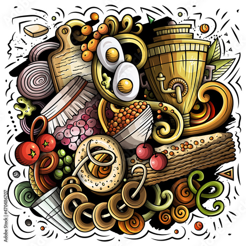 Russian food hand drawn vector doodles illustration. Russia cuisine poster