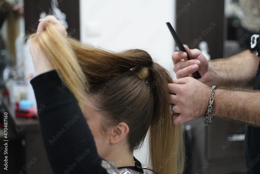 Fototapeta premium Work in a hairdressing salon. High tail. Measurement with fingers by hairdresser before start.