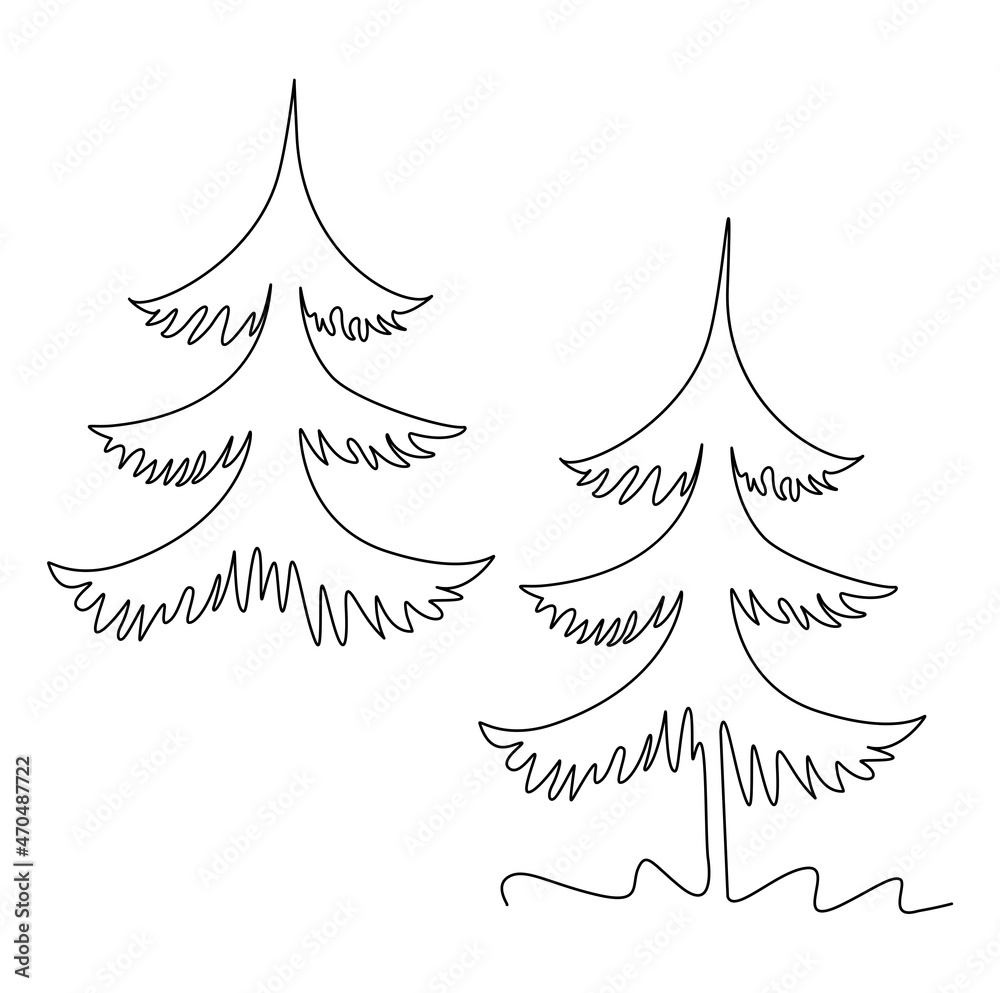 Obraz premium Christmas trees with a moon. New Year forest. Festive mood, humor. Continuous line drawing illustration. Isolated on white background