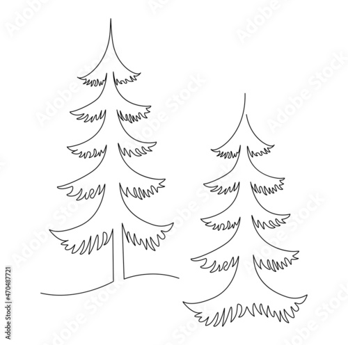 Christmas trees with a moon. New Year forest. Festive mood, humor. Continuous line drawing illustration. Isolated on white background