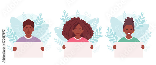 People holding empty banner. Smiling people with empty placard. Vector illustration