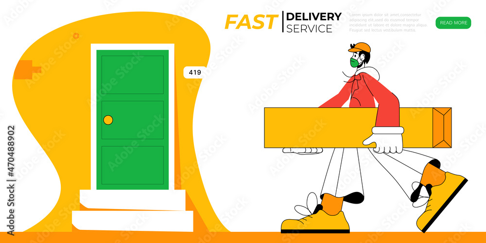 Deliveryman with a box. Courier wearing medical mask delivers package. Online delivery service banner template. Safe delivery during COVID-19 lockdown. Vector illustration. Deliveryman with a box. Courier wearing medical mask delivers package. Online delivery service banner template. Safe delivery during COVID-19 lockdown. Vector illustration.