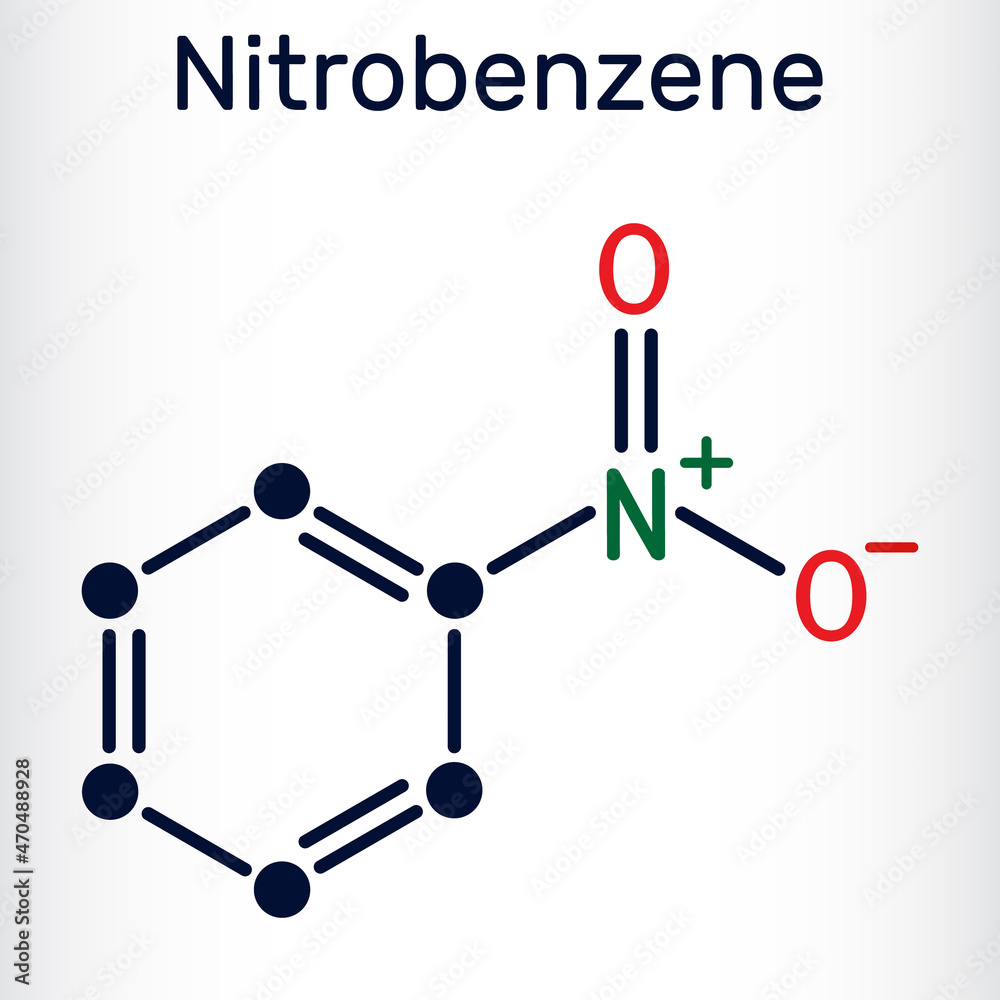 Nitrobenzene molecule. It is used in the manufacture of aniline, dyes, drugs, pesticides, and synthetic rubber. Skeletal chemical formula Nitrobenzene molecule. It is used in the manufacture of aniline, dyes, drugs, pesticides, and synthetic rubber. Skeletal chemical formula