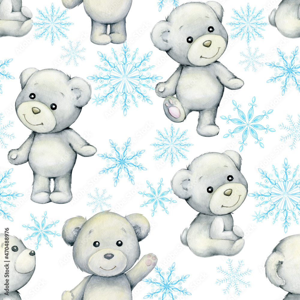polar bears, snowflakes. Watercolor animals in cartoon style, on an isolated background. Seamless pattern.