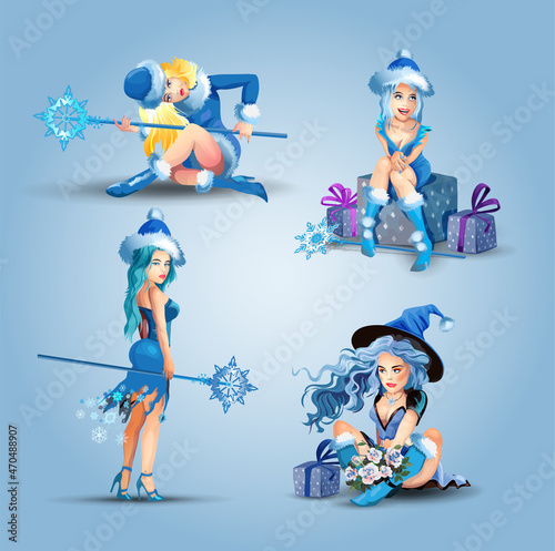 Christmas set with beautiful Snow Maidens. Collection of different cute beautiful snow queens. Girls is sitting, resting, thinking, smiling. Vector illustration in cartoon style