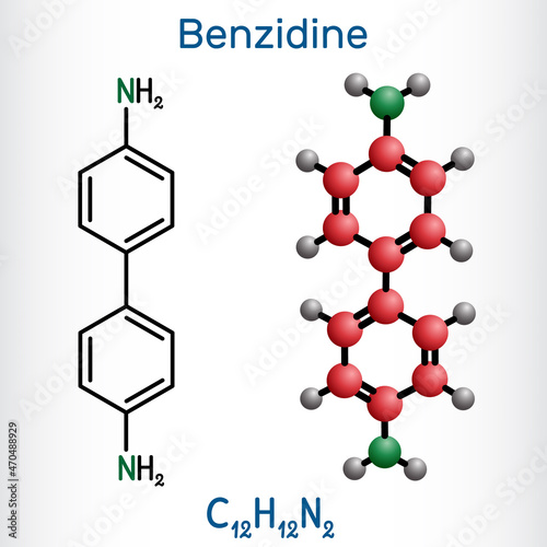 Benzidine molecule. It is aromatic amine, used for the detection of blood and as a reagent in the manufacture of dyes. Structural chemical formula, molecule model