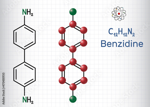 Benzidine molecule. It is aromatic amine, used for the detection of blood and as a reagent in the manufacture of dyes. Structural chemical formula, molecule model. Sheet of paper in a cage