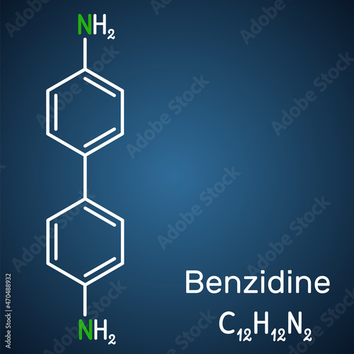 Benzidine molecule. It is aromatic amine, used for the detection of blood and as a reagent in the manufacture of dyes. Structural chemical formula on the dark blue background