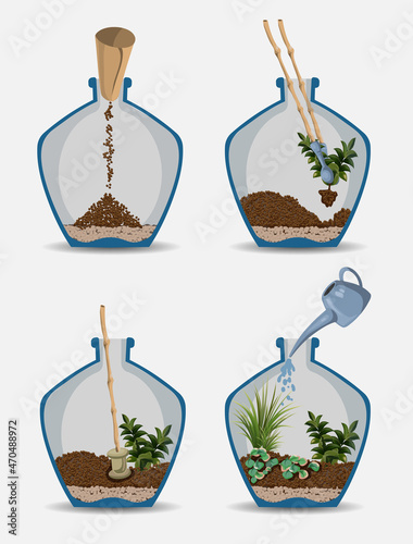 Terrarium Nature green plant in glass garden, plant on decoration natural botany vector cartoon illustration isolated on white. Process of growing a garden in a bottle. Succulent, tree, flower