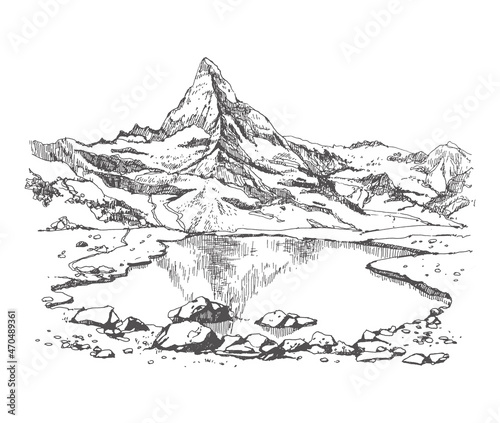 Hand drawn illustration of landscape mountain range and lake. Matterhorn Glacier  Switzerland. Using for travel and nature background and card. Peak outdoor sketch in black color on white background.