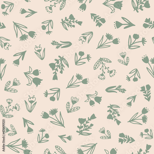 Cute flowers with leaves seamless repeat pattern on beige background. Random placed  doodled vector botany plants all over surface print.