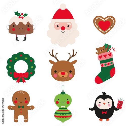 Christmas icons vector set (Santa, deer, sweets and decoration)